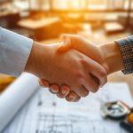 Architects Handshake Over Blueprints in Construction Site Teamwork Business Meeting
