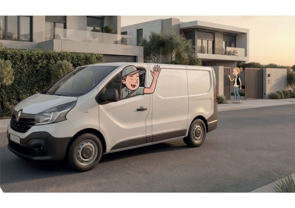 Mise en service à distance de la box CalypsHOME Visuel d'un installateur de volets roulants qui part de chez son client ainsi que le texte suivant : Vous posez, vous branchez, vous partez, Profalux réalise pour vous la mise en service de la box à distance