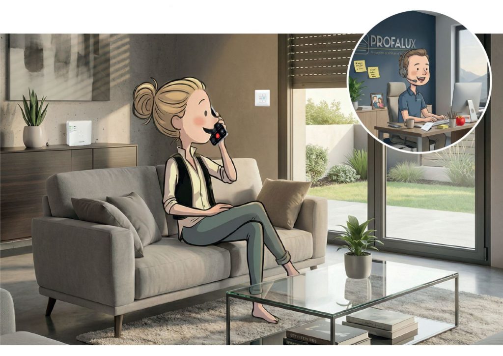 SAV à distance Profil CONNECT SAV à distance - Visuel d'un particulier au téléphone avec un expert Profalux et le texte suivant : Votre client vous rappelle pour un incident ? Donnez nous la main Profalux résout pour vous 80% des problèmes à distance